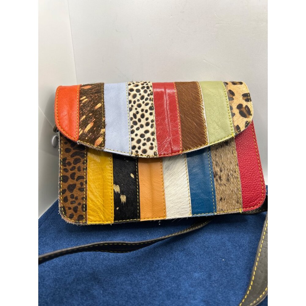 Patchwork Leather Crossbody Bag - Multicolor Stripes Adjustable Strap Animal Pri